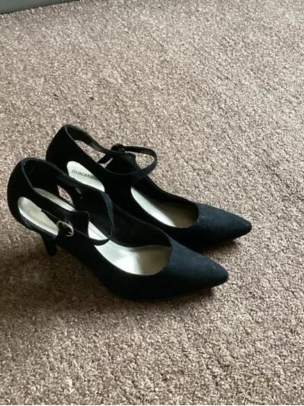 Black Suede Pointed Toe Mary Jane Pumps - 2" Heel